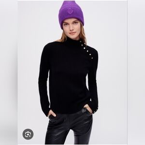 Maje Monta Cashmere Turtleneck Sweater Black Gold Button Detail Size 3 US L